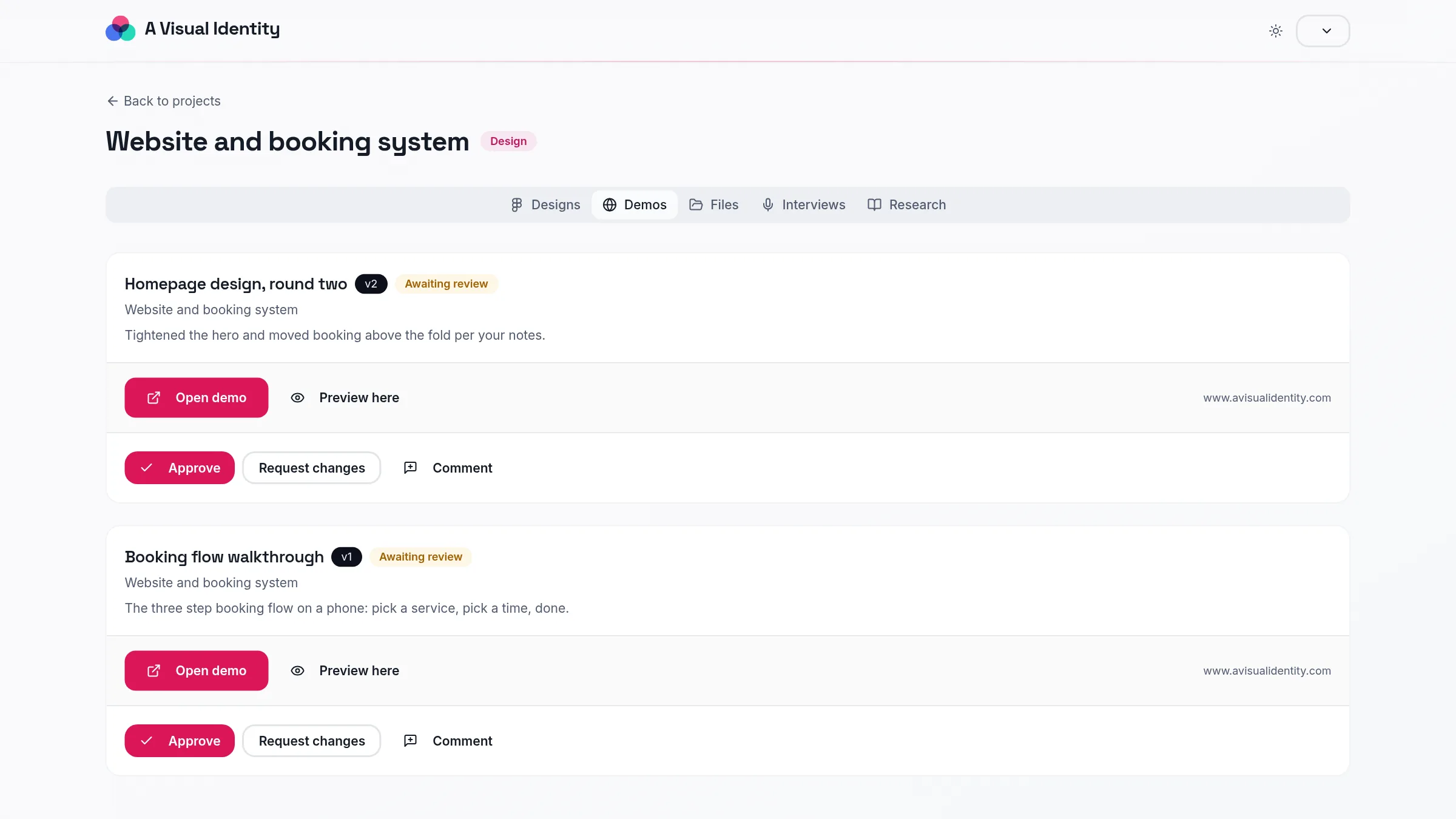 Design rounds and live demos, approved with one tap