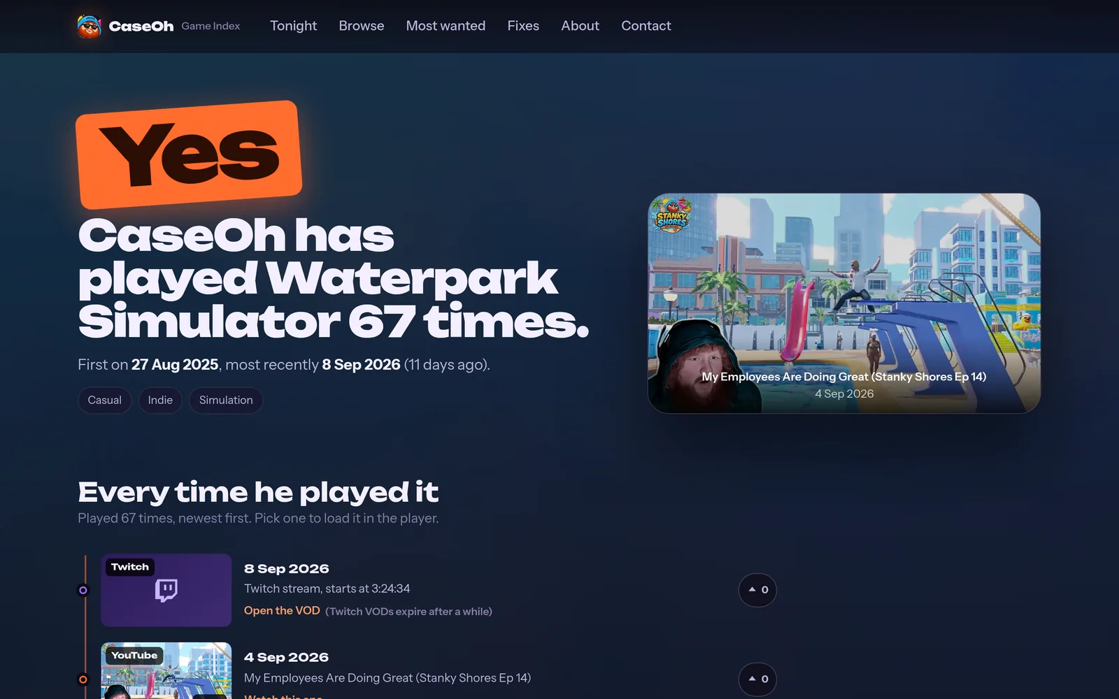 The answer page. Yes or No up top, then every time he played it, with the episode ready to watch.