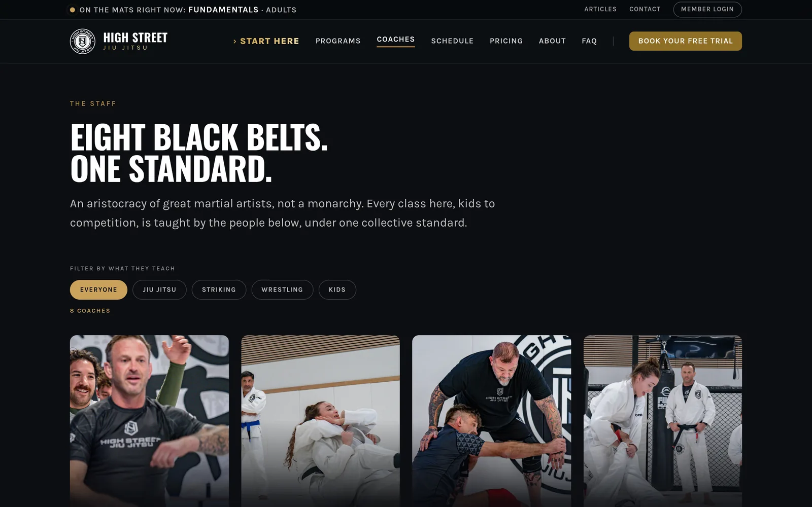 Eight black belts, filterable by what they teach. The standard, rather than eight personalities.