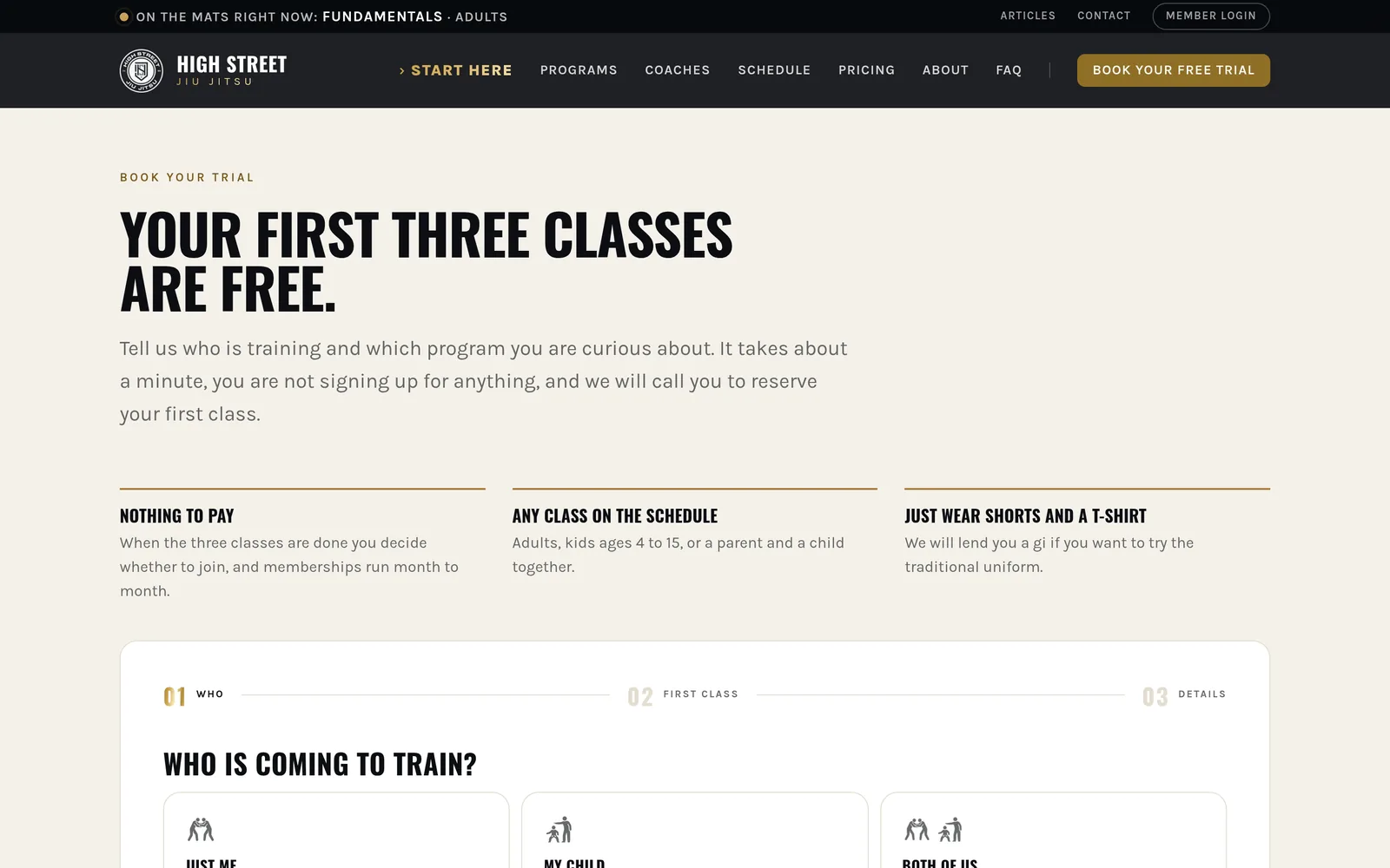 The booking flow asks who is training and which program before it asks for a name.