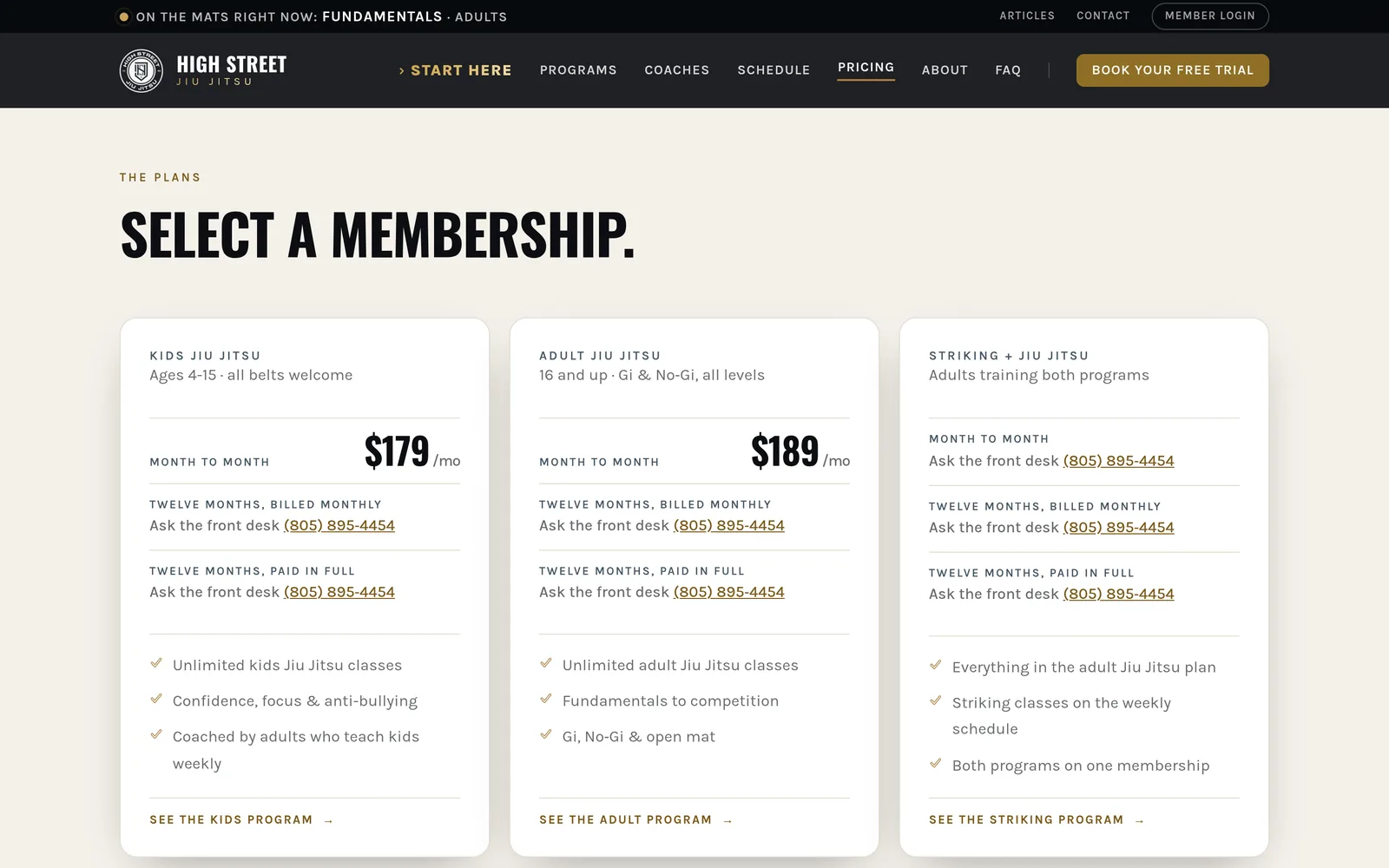The price on the page. Month to month, and the first three classes free.