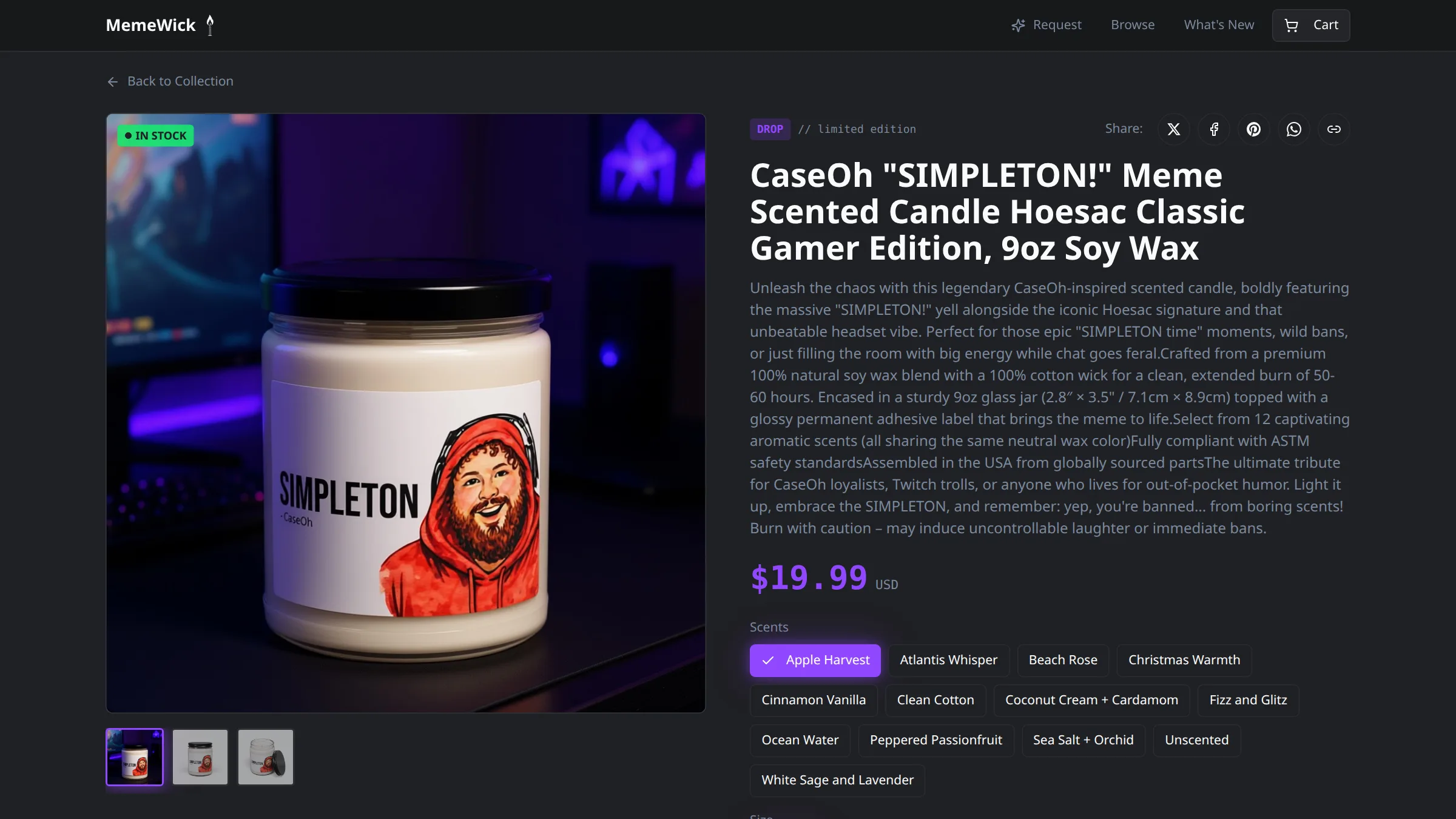 Product pages put the candle first, the joke close behind.