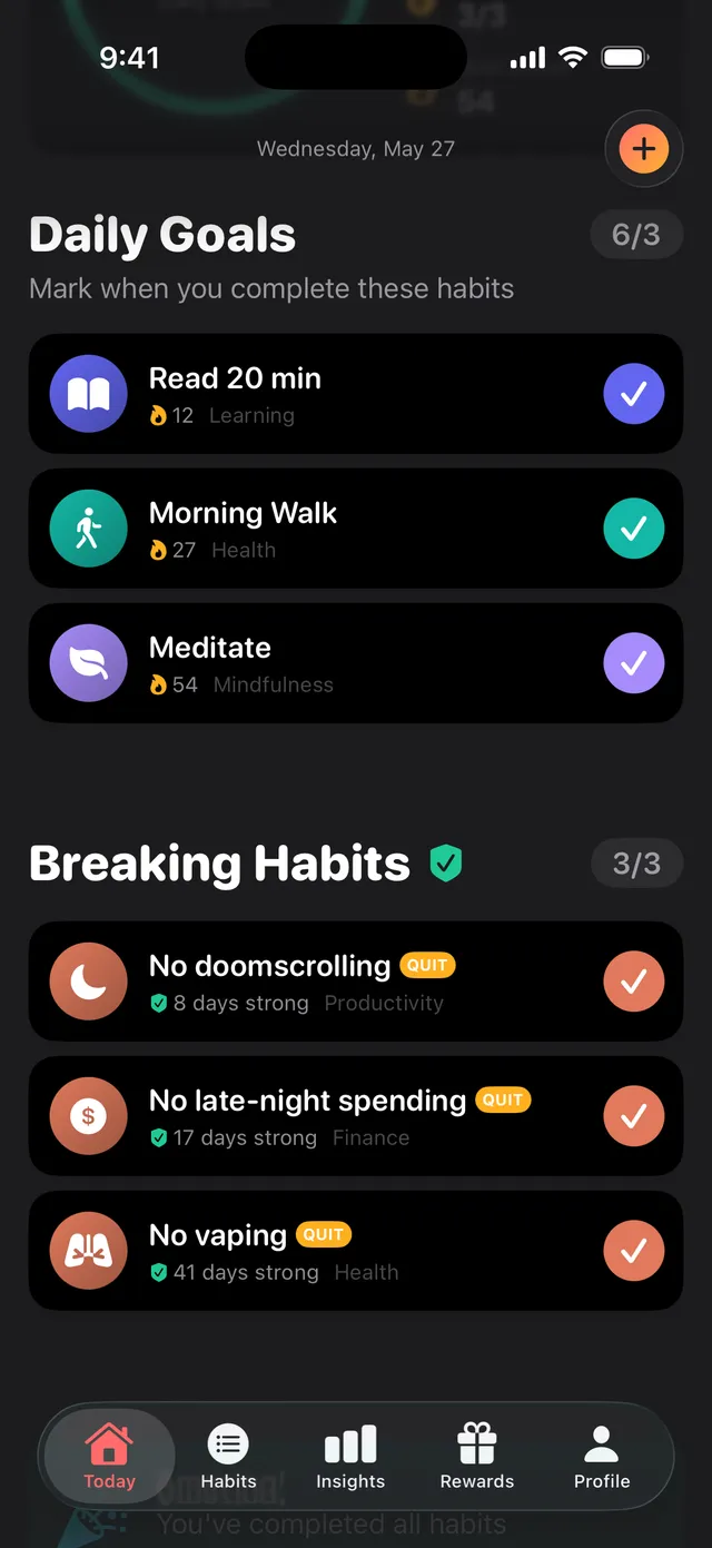 Quit mode counts the days and treats a slip as data, not failure.