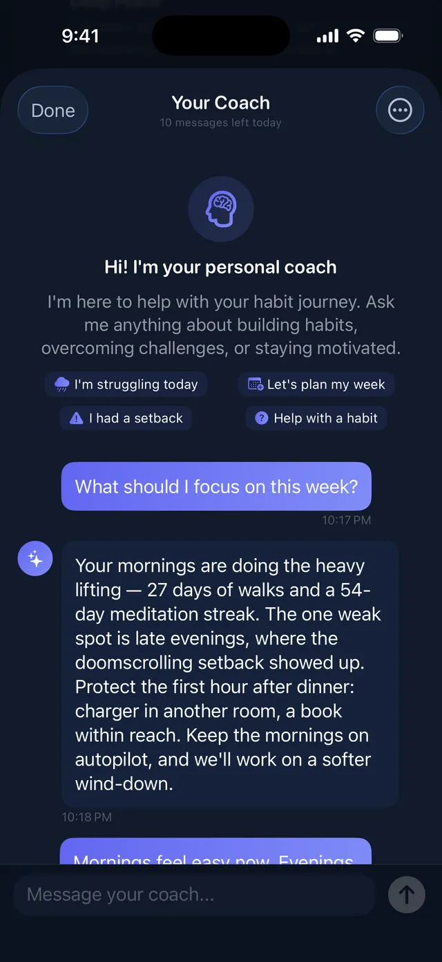 The AI coach runs on the phone itself. Nothing leaves the device.