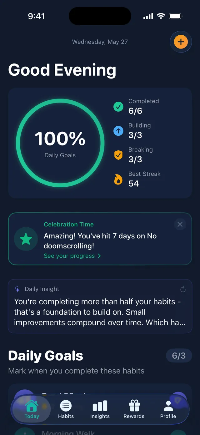 The daily dashboard: every habit at a glance.