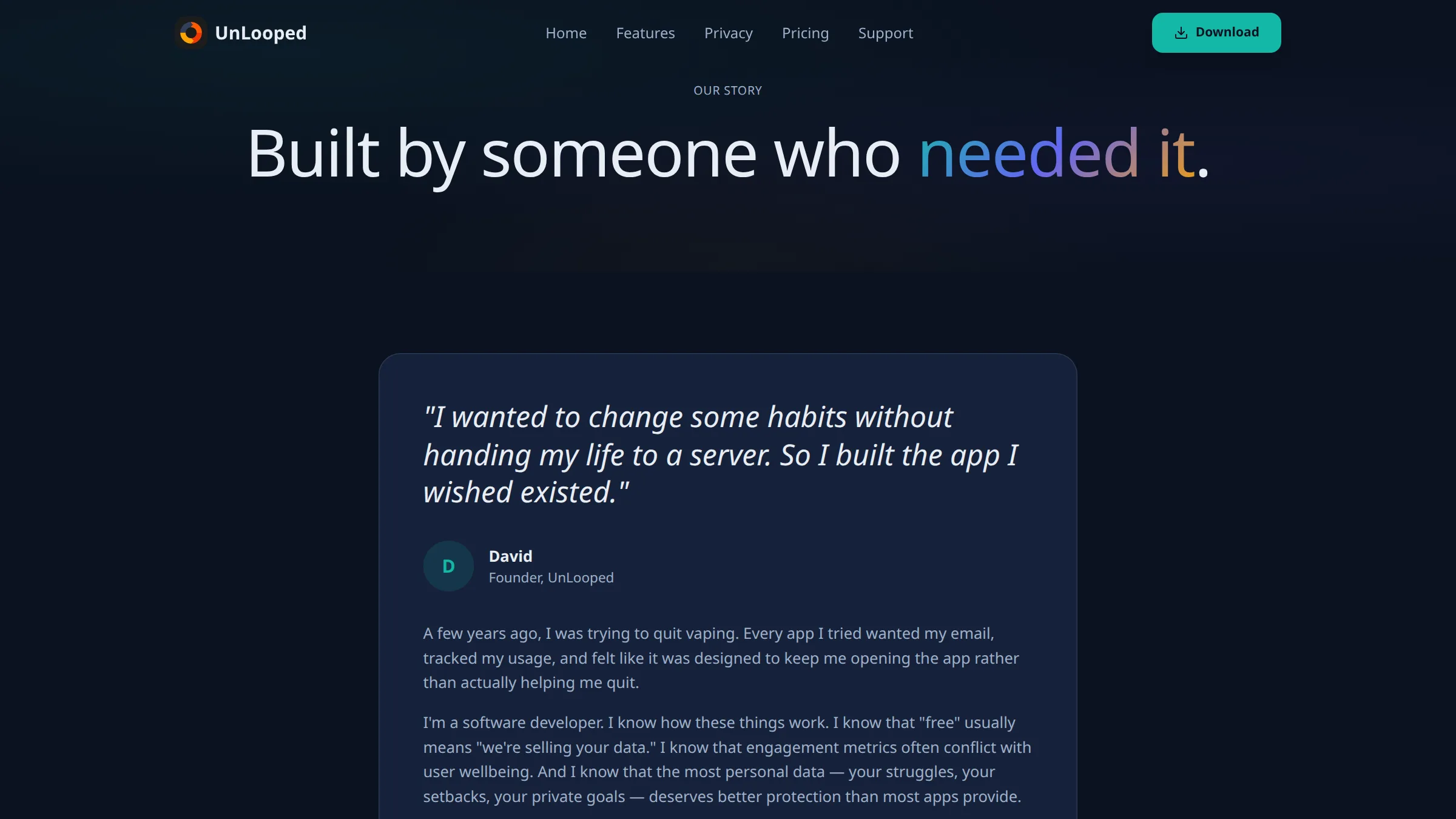 The story page: why UnLooped exists.
